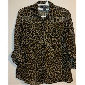 Sheer Button Down Long Sleeve Leopard Print Blouse